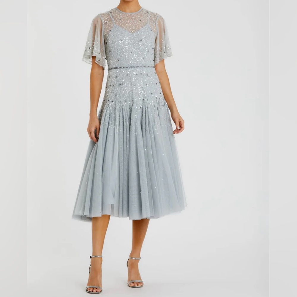 Mac Duggal Silver Sequin Tulle Midi Dress